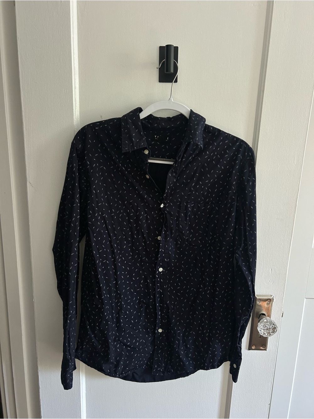 Men’s Navy Patterned Lightning Bolt Long Sleeve Button-Down Shirt